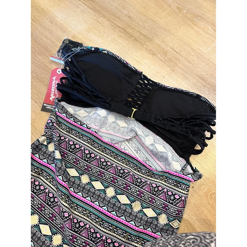 NWT Arizona Jean Co Tankini Top Size M Geometric Pattern Black Gold Pink Teal